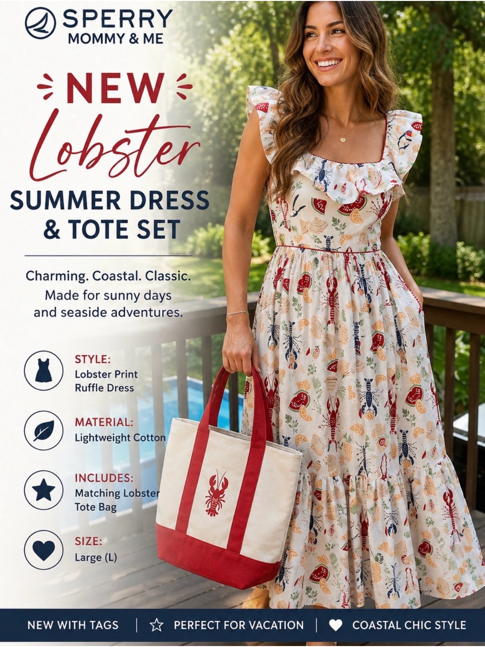 New Sperry Lobster Boil Ruffle Cotton Maxi Dress Size Large NWT W/ Canvas Tote